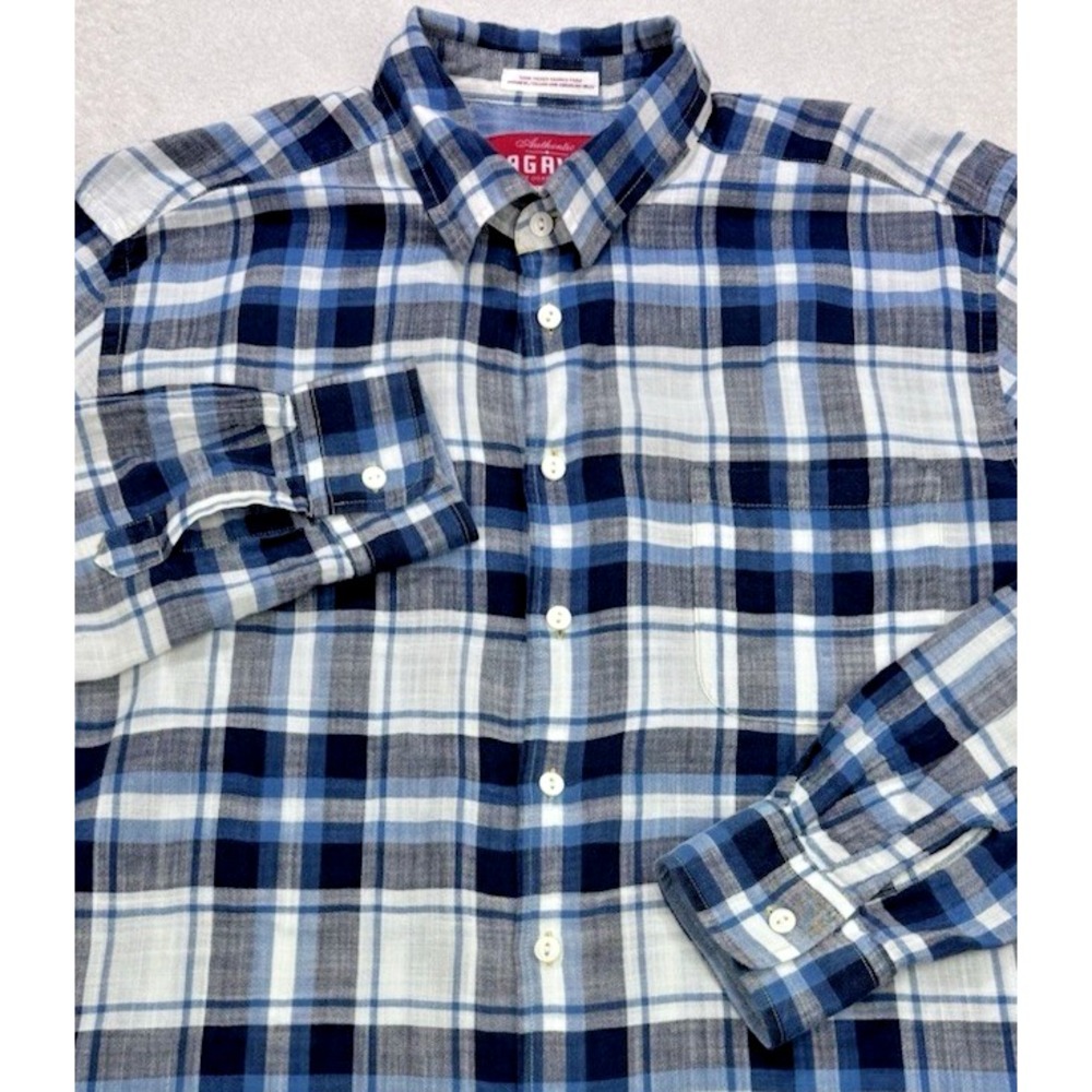 Agave Shirt Men L Blue‎ White Plaid Cotton Button Front Casual West Coast Luxury